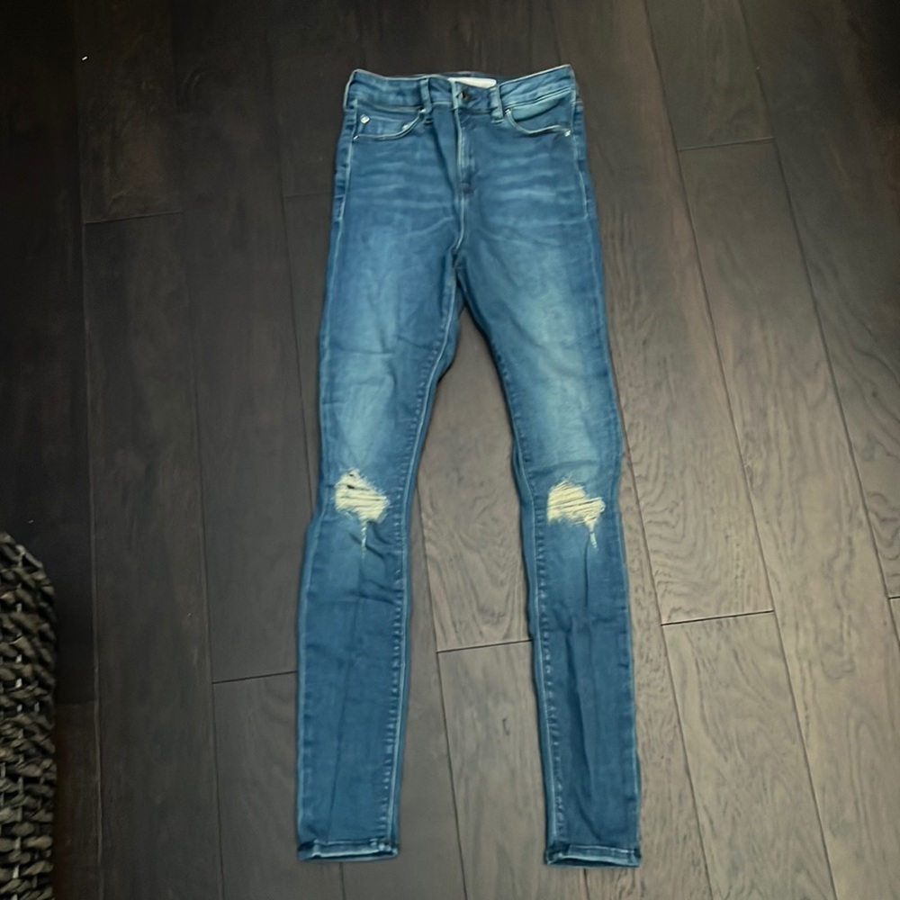 ASOS RIDLEY High Waist Skinny Jeans w Ripped Knees in Dark Wash Blue / W 25 L 32